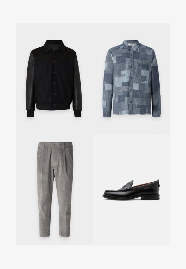 Veste noire avec un corps en laine et des manches en cuir. Comprend un devant à boutons, des poches latérales et des poignets et un ourlet côtelés. Texture lisse dans l'ensemble.; DRYKORN DIEGGO - Chemise - blue; Pantalons en velours côtelé gris avec un motif de rayures verticales texturé, dotés d'une fermeture par bouton et de deux poches latérales. Coupe ajustée et longueur raccourcie.; Mocassin homme en cuir noir avec couture moc toe, bride penny, col texturé et petit talon empilé sur fond blanc.