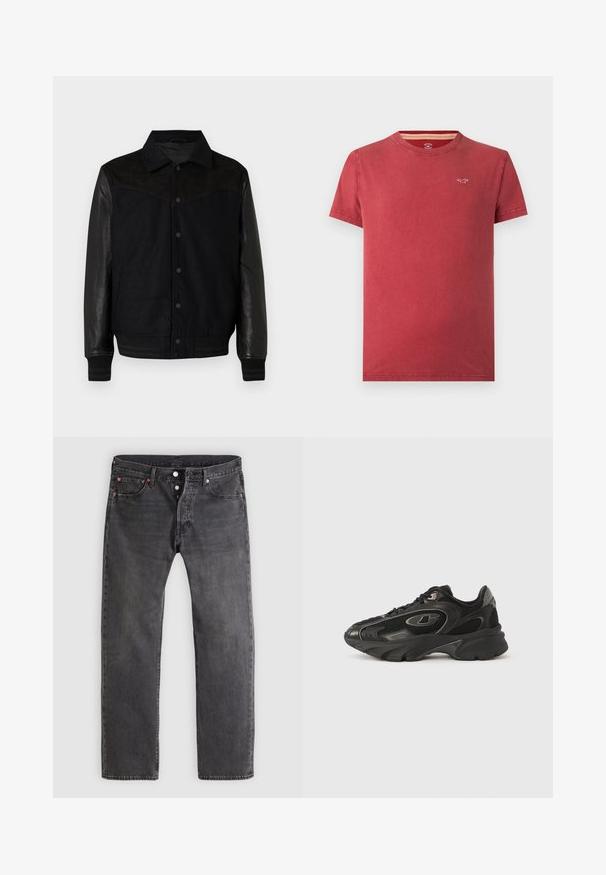 Veste noire avec un corps en laine et des manches en cuir. Comprend un devant à boutons, des poches latérales et des poignets et un ourlet côtelés. Texture lisse dans l'ensemble.; T-shirt rouge à manches courtes avec col rond et petit logo blanc de mouette sur la poitrine gauche, design sobre, présenté sur fond blanc.; Jean en denim noir délavé avec une coupe jambe droite, braguette à boutons et rivets en cuivre. Comprend cinq poches et des motifs d'usure subtils.; Baskets de sport noires avec une tige en mesh et synthétique, semelle incurvée, col rembourré et accents de logo subtils. Détails texturés sur les panneaux latéraux.