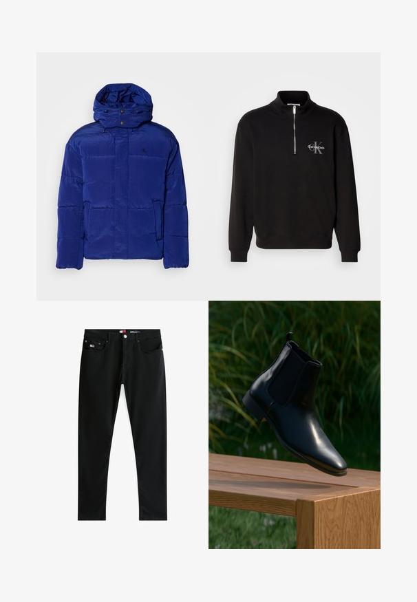 Chaqueta de plumas azul con un cuello alto y capucha ajustable. Presenta un diseño acolchado y un logotipo sutil en el pecho. Tejido suave y texturado.; Sudadera negra de cuello alto y cremallera de un cuarto, con un logo gris de "Calvin Klein" y un emblema de "K" en el pecho. Material de mezcla de algodón.; Vaqueros negros de corte slim con cinco bolsillos, botón metálico, cremallera y pequeño logo de bandera Tommy Hilfiger en el bolsillo delantero derecho.; Bota Chelsea de cuero negro flotando sobre un banco de madera con hierba y plantas de fondo.