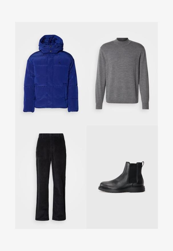 Blå pufferjakke med høj krave og justerbar hætte. Har kviltet design og diskret branding på brystet. Blødt, tekstureret stof.; Grå langærmet sweater lavet af strikket materiale, med en høj hals og et subtilt logo på brystet. Glat tekstur og tætsiddende design.; Fløjlsbukser i mørk sort med et lige ben-design, der har knaplukning, bæltestropper og sidelommer til funktionel brug.; Sorte læder chelsea støvler med tekstureret finish, elastiske sidepaneler og en robust gummisål. Subtil branding på hælen.