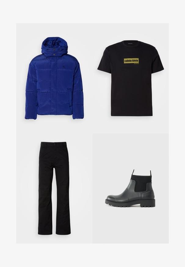 Chaqueta de plumas azul con un cuello alto y capucha ajustable. Presenta un diseño acolchado y un logotipo sutil en el pecho. Tejido suave y texturado.; Camiseta de algodón negra con mangas cortas, que presenta un logo rectangular verde con el texto "calvin klein" y "new york city" en letras negritas.; Pantalones de algodón negros con un diseño de pierna recta, que cuentan con un cierre de botón y lazos para cinturón. Textura suave y estilo minimalista sin patrones visibles.; Botas de tobillo negras de goma con acabado mate, que presentan un diseño elegante, paneles elásticos y una suela gruesa para mayor tracción.