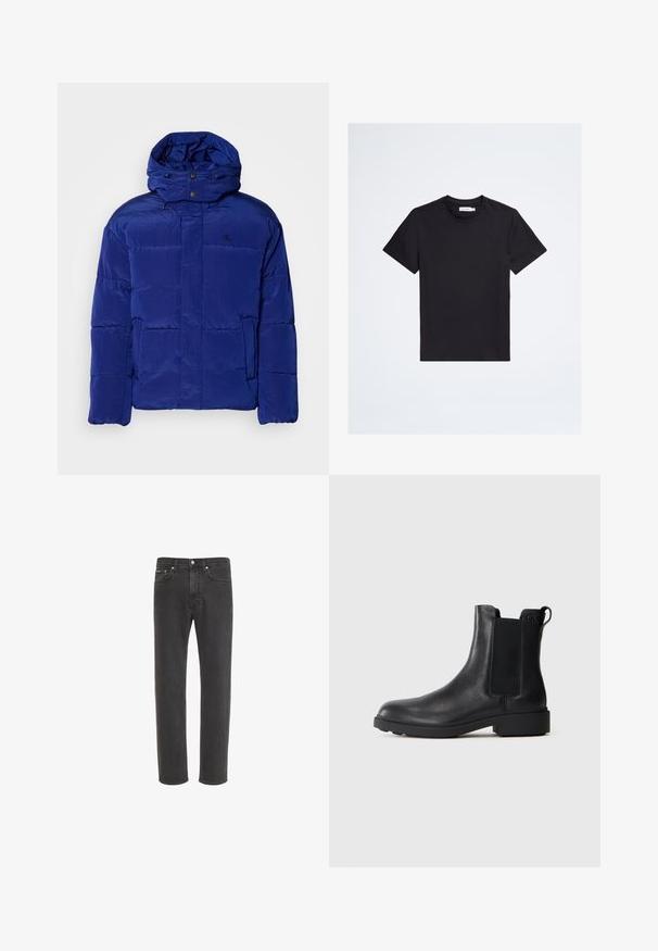Chaqueta de plumas azul con un cuello alto y capucha ajustable. Presenta un diseño acolchado y un logotipo sutil en el pecho. Tejido suave y texturado.; Camiseta negra de manga corta con cuello redondo, con un pequeño logo tonal en el pecho izquierdo y una etiqueta blanca de la marca en el interior del cuello.; Vaqueros negros de corte recto con cierre delantero de botón y cremallera, bolsillos delanteros y traseros, mostrados sobre fondo blanco.; Botín negro de cuero hasta el tobillo con paneles laterales elásticos, tirador en el talón y suela baja de bloque sobre un fondo liso.