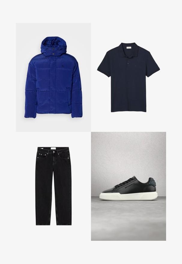 Chaqueta de plumas azul con un cuello alto y capucha ajustable. Presenta un diseño acolchado y un logotipo sutil en el pecho. Tejido suave y texturado.; Polo azul marino de manga corta con cuello y tres botones, con un sutil logo "cK" en el lado izquierdo del pecho.; Vaqueros de mezclilla negra con un corte recto, textura ligeramente desgastada, cinco bolsillos y detalles en metal plateado. Etiqueta en la cintura.; Zapatilla deportiva de cuero negro con suela blanca, cordones negros y logotipo en relieve, mostrada flotando sobre un suelo gris con fondo de pared de bloques de vidrio.
