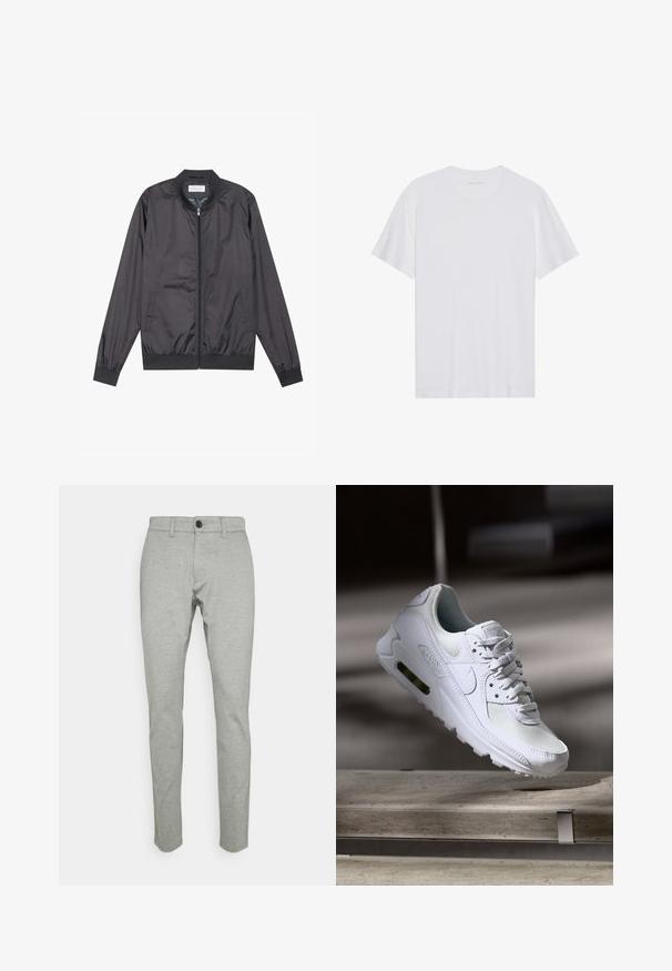 Veste bomber noire en matériau léger et lisse avec fermeture éclair, col, poignets et ourlet côtelés ; elle dispose de poches latérales.; T-shirt en coton blanc à manches courtes, col rond et texture lisse. Présente un branding minimal au niveau du col.; Pantalon en coton mélangé gris clair, design slim fit, avec fermeture à bouton sur le devant, passants de ceinture et texture subtile sur l'ensemble.; Sneaker Nike Air Max 90 blanche avec une tige en mesh et cuir, une boîte à orteils perforée et une unité air visible au talon.