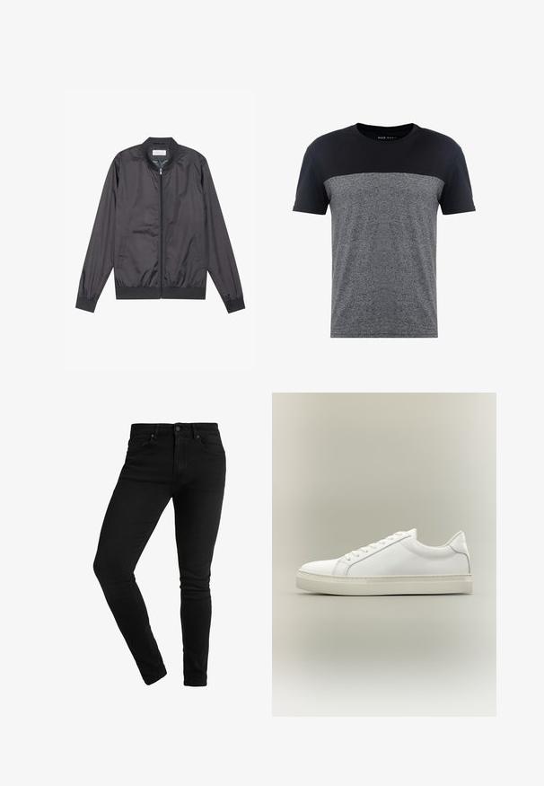 Veste bomber noire en matériau léger et lisse avec fermeture éclair, col, poignets et ourlet côtelés ; elle dispose de poches latérales.; Pier One by Zalando T-shirt imprimé - black; Jeans skinny noirs en denim, présentant un design classique à cinq poches, un système de fermeture à bouton et des détails de couture minimaux.; Baskets blanches basses à lacets sur l’avant et semelle épaisse, vues de côté sur un fond neutre.