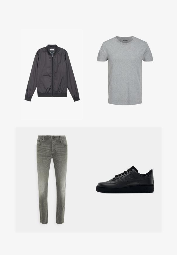 Veste bomber noire en matériau léger et lisse avec fermeture éclair, col, poignets et ourlet côtelés ; elle dispose de poches latérales.; T-shirt gris à manches courtes en coton doux. Doté d'un col ras du cou classique et d'une coupe régulière. Design simple sans motifs ni accents.; Jack & Jones JJIGLENN JJORIGINAL - Jean slim - grey denim; Baskets Nike Air Force 1 noires avec un dessus en cuir lisse, bout perforé pour la respirabilité, lacets noirs et semelle en caoutchouc texturé.