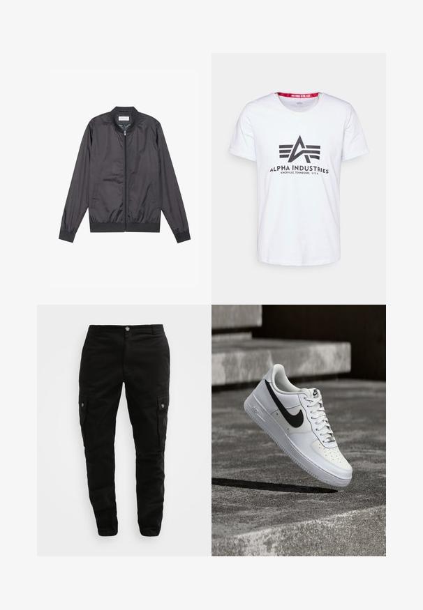 Veste bomber noire en matériau léger et lisse avec fermeture éclair, col, poignets et ourlet côtelés ; elle dispose de poches latérales.; T-shirt en coton blanc avec un col en V et des manches courtes. Présente un logo graphique noir et le texte "ALPHA INDUSTRIES KNOXVILLE, TENNESSEE, É.U."; Pantalons cargo noirs en tissu durable, dotés de poches latérales, d'une fermeture à bouton et d'un design ajusté. Texture lisse avec un détail minimal.; Baskets blanches Nike Air Force 1 avec le swoosh noir, lacets attachés, en suspension dans les airs au-dessus d'une surface en béton texturé en extérieur.