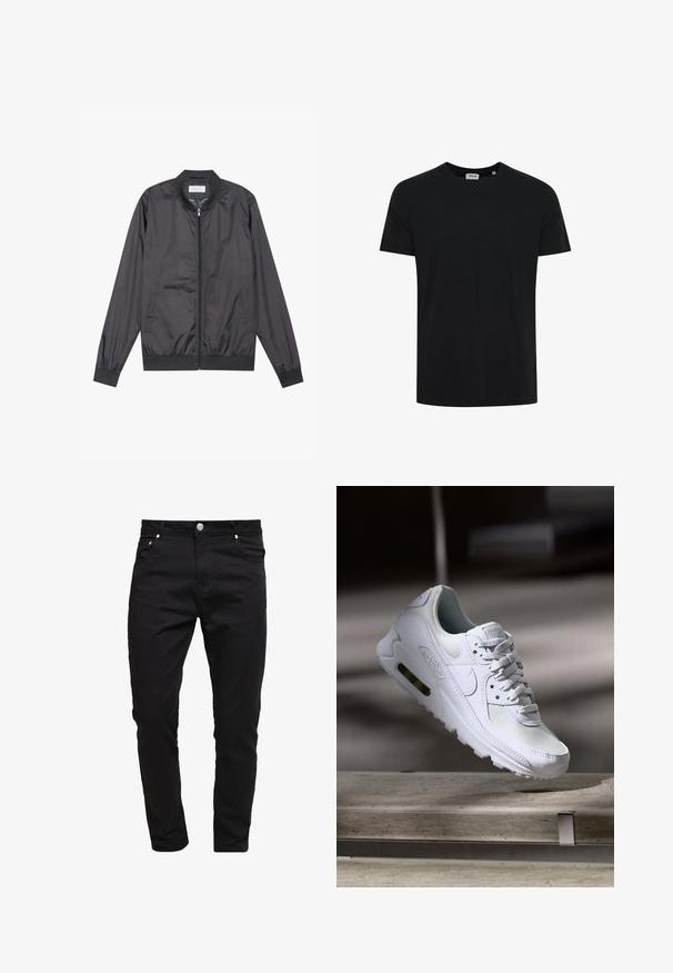 Casaco bomber preto feito de um material leve e suave, com fecho de zip, gola canelada, punhos e bainha; apresenta bolsos laterais.; Camisola preta simples de manga curta e gola redonda exibida contra um fundo branco, sem logótipos ou padrões visíveis.; Calças jeans pretas em tecido de denim, design slim fit, estilo de cinco bolsos, fecho de botão metálico, com detalhes de costura e uma textura suave.; Sapatilha Nike Air Max 90 branca com parte superior em malha e couro, caixa de dedos perfurada e uma unidade de ar visível no calcanhar.