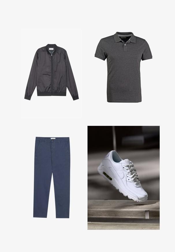Veste bomber noire en matériau léger et lisse avec fermeture éclair, col, poignets et ourlet côtelés ; elle dispose de poches latérales.; Polo gris en tissu doux, avec un col classique, des manches courtes et une patte de boutonnage à trois boutons. Détails rayés à l'intérieur du col.; Chinos en coton bleu marine avec une coupe droite, deux poches avant et des détails de couture subtils, dotés d'une taille avec fermeture à bouton.; Baskets blanches en cuir avec des surfaces texturées, un col rembourré et un amorti d'air visible dans la semelle. Elles possèdent des lacets et un design minimaliste.