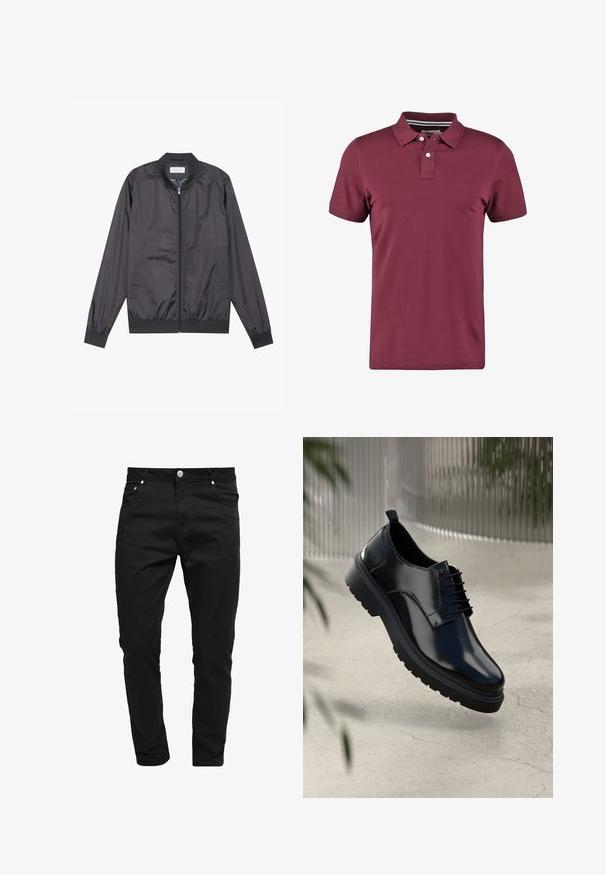 Veste bomber noire en matériau léger et lisse avec fermeture éclair, col, poignets et ourlet côtelés ; elle dispose de poches latérales.; Polo en bordeaux en coton, avec patte de boutonnage à deux boutons, manches courtes et un col à rayures. Texture lisse.; Jean noir en tissu denim, design slim fit, style à cinq poches, fermeture à bouton métallique, avec des détails de couture et une texture lisse.; Chaussure en cuir noir avec une finition brillante, bout rond, design à lacets, surpiqûres contrastantes, et semelle épaisse en caoutchouc avec motifs de relief.