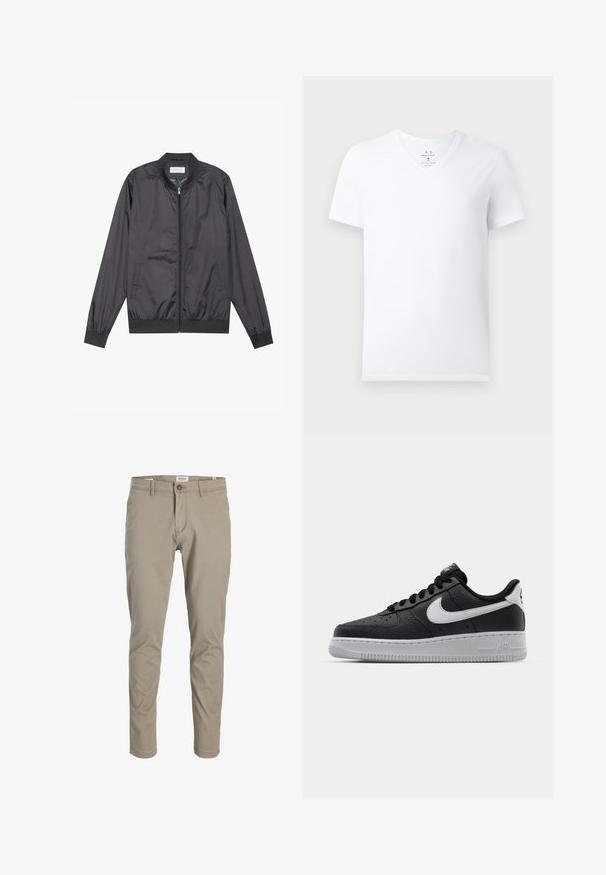 Veste bomber noire en matériau léger et lisse avec fermeture éclair, col, poignets et ourlet côtelés ; elle dispose de poches latérales.; T-shirt blanc en coton à manches courtes et col en V avec l'étiquette Armani Exchange à l'intérieur du col, affiché sur un fond uni.; Pantalon beige pour homme, coupe slim, avec fermeture par bouton et zip, passants pour ceinture, et poches avant, présenté sur un fond blanc.; Baskets en cuir noir avec surface texturée, swoosh Nike blanc, semelle grise, bout rond et design à lacets. Comprend des perforations sur la boîte à orteils.