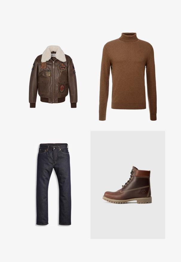 Chaqueta bomber de cuero marrón con cuello de borrego, que presenta múltiples parches y dos bolsillos frontales. Puños y dobladillo acanalados.; Suéter de cuello alto marrón hecho de un tejido suave, con mangas largas, puños acanalados y un diseño ajustado sin patrones visibles.; Vaqueros de denim azul oscuro con corte recto, diseño de cinco bolsillos, herrajes metálicos y costuras naranjas contrastantes. Textura suave, sin patrones visibles.; Botín de cuero marrón con cordones, cuello acolchado, costuras en contraste y suela resistente, mostrado desde el lado exterior sobre un fondo blanco.