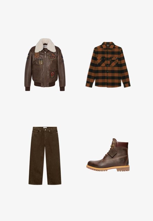 Chaqueta bomber de cuero marrón con cuello de borrego, que presenta múltiples parches y dos bolsillos frontales. Puños y dobladillo acanalados.; Camisa de manga larga en un patrón de cuadros naranja y negro, hecha de una tela texturizada. Presenta dos bolsillos en el pecho y cierre frontal con botones.; Vaqueros de mezclilla marrones con un corte relajado, con una superficie texturizada, diseño de cinco bolsillos y herrajes en tono plateado.; Botín de cuero marrón hasta el tobillo con punta redonda, suela resistente, herrajes en tono dorado y parte superior texturizada. Incluye una etiqueta con el logo adjunta.