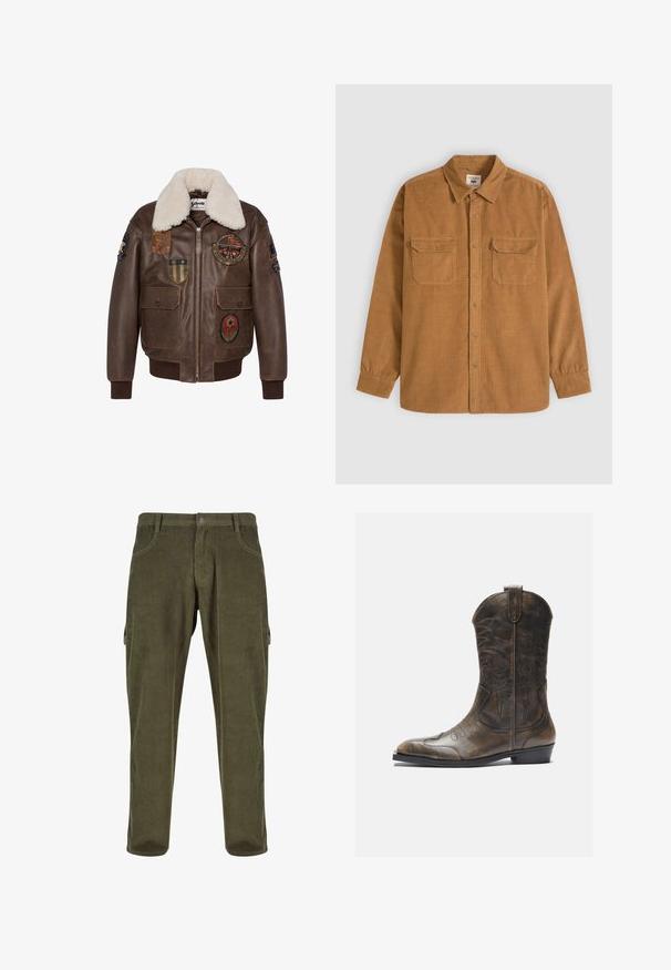 Veste bombardier en cuir marron avec un col en shearling, dotée de plusieurs écussons et de deux poches avant. Poignets et ourlet côtelés.; Chemise en velours côtelé marron à manches longues, avec patte boutonnée sur le devant et deux poches poitrine à rabat sur un fond gris clair.; Pantalons en velours côtelé vert olive avec une coupe droite, poches avant et poches latérales de style cargo. Texture côtelée verticale sur l'ensemble.; Botte de cow-boy en cuir marron avec un long tige, un bout pointu, des motifs de couture complexes et un petit talon. Finition texturée tout au long.