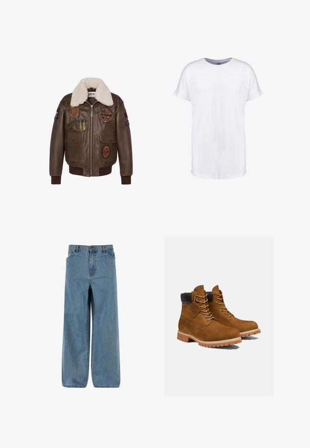 Chaqueta bomber de cuero marrón con cuello de borrego, que presenta múltiples parches y dos bolsillos frontales. Puños y dobladillo acanalados.; Camiseta de algodón blanca con mangas cortas, cuello redondo y un corte relajado. Textura suave y sin patrones ni diseños visibles.; Pantalones de mezclilla de pierna ancha en azul claro. Presentan un cierre de botón y cremallera, cinco bolsillos y una textura deslavada para un aspecto clásico.; Botines de ante marrón con un cuello acolchado negro, ojales dorados y suela de goma gruesa con un patrón de tacos para mayor tracción.