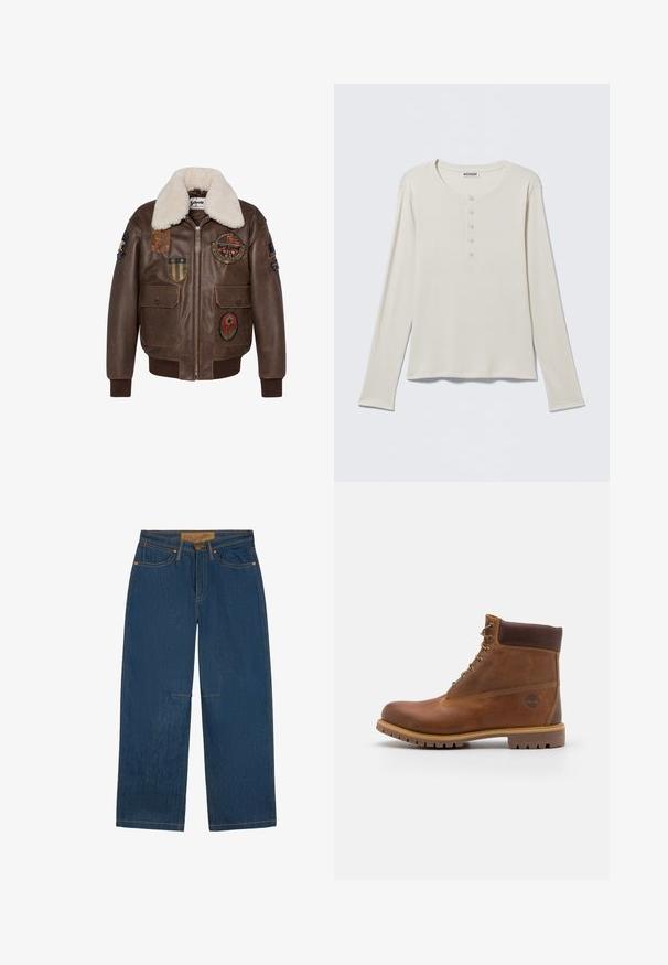 Chaqueta bomber de cuero marrón con cuello de borrego, que presenta múltiples parches y dos bolsillos frontales. Puños y dobladillo acanalados.; Camiseta henley de manga larga en color crema con escote redondo y tapeta con cinco botones, etiquetada Weekday, colocada plana sobre un fondo neutro.; Vaqueros de mezclilla azul oscuro con perneras anchas, cinco bolsillos, remaches de cobre y una etiqueta marrón de la marca Wrangler en la cintura.; Botas de senderismo de cuero marrón con un acabado suave, tobillo acolchado, ojales de metal y suela de goma con un patrón de tracción robusto.