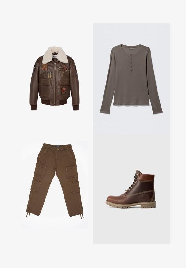 Brun læder bomberjakke med en shearling krave, der har flere patches og to forlommer. Ribbet kant og nederste del.; Grå henley-shirt med lange ærmer, fem knapper og rund halsudskæring, vist på en ensartet hvid baggrund.; Brune cargo-bukser med flere lommer, lavet af robust bomuldsstof. Har en knaplukning og justerbare snore ved kanten.; Brun læder snørebånd ankelstøvle med polstret krave, kontrastsyning og robust sål, vist fra ydersiden på en hvid baggrund.