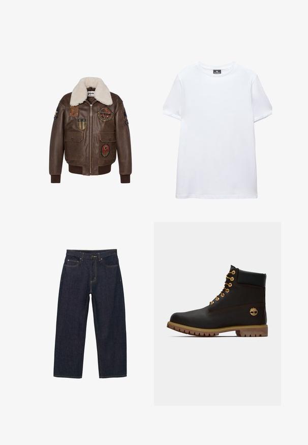 Brun læder bomberjakke med en shearling krave, der har flere patches og to forlommer. Ribbet kant og nederste del.; Simpel hvid t-shirt med korte ærmer og rund halsudskæring med en sort Pull&Bear mærkat indeni kraven, vist på en hvid baggrund.; Mørkeblå denimbukser med løs pasform, med gyldne syninger, frontknaplukning og to sidelommer.; Sorte læder ankelstøvle med gyldne øjer, brune detaljer og gummisål. Har en polstret krave og præget logo på siden.