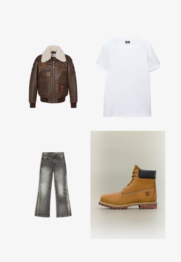Brun læder bomberjakke med en shearling krave, der har flere patches og to forlommer. Ribbet kant og nederste del.; Simpel hvid t-shirt med korte ærmer og rund halsudskæring med en sort Pull&Bear mærkat indeni kraven, vist på en hvid baggrund.; Sorte falmede jeans med vide ben, forlommer, bæltestropper, knaplukning og whisker-detaljer på en hvid baggrund.; Brun læderankelstøvle med sort krave, gule snørebånd og tanfarvet sål. Har logo og hvide syninger som detalje. Robust ydersål med greb.