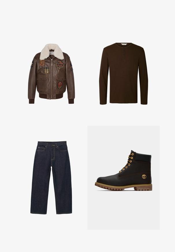 Veste bombardier en cuir marron avec un col en shearling, dotée de plusieurs écussons et de deux poches avant. Poignets et ourlet côtelés.; Chemise henley marron foncé à manches longues avec col rond et quatre boutons noirs au centre devant.; Pantalon en denim bleu foncé à coupe ample, avec des coutures dorées, une fermeture avant par boutons, et deux poches latérales.; Bottine noire en cuir avec œillets dorés, accents marron et semelle en caoutchouc. Comprend un col rembourré et un logo estampé sur le côté.