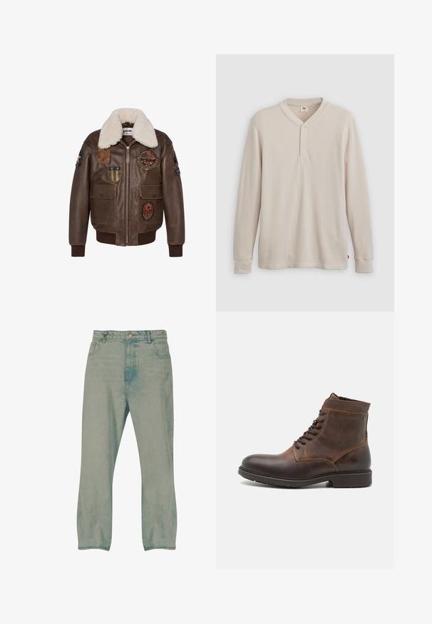 Brun læder bomberjakke med en shearling krave, der har flere patches og to forlommer. Ribbet kant og nederste del.; Langærmet henley-skjorte i lys beige ribbet stof, med V-hals, tre-knap placket og manchetter ved ærmerne. Rød logo-tags ved kanten.; Lyseblå jeans med lige ben, forrest knapper, bæltestropper og forlommer, vist mod en hvid baggrund.; Jack & Jones JFWDELANEY BOOT - Snørestøvletter - cognac