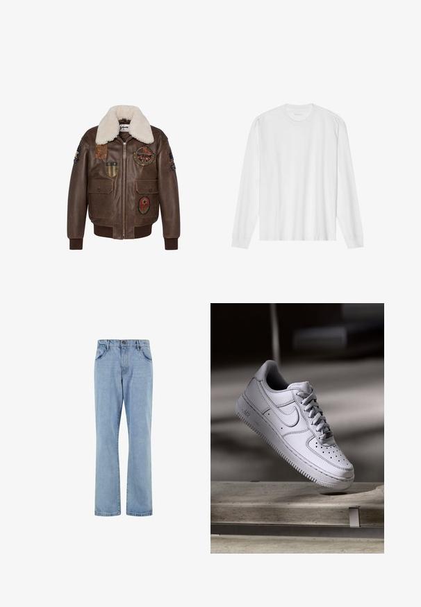 Chaqueta bomber de cuero marrón con cuello de borrego, que presenta múltiples parches y dos bolsillos frontales. Puños y dobladillo acanalados.; Camiseta blanca de algodón de manga larga con cuello redondo, con puños acanalados y dobladillo recto, textura suave y diseño minimalista.; Vaqueros de mezclilla azul claro de pierna recta con bolsillos delanteros, trabillas para cinturón y cierre de botón sobre fondo blanco.; Zapatilla Nike Air Force 1 de cuero blanco que presenta una puntera perforada, cordones planos y una suela de goma texturizada con la marca "AIR" en el lateral.