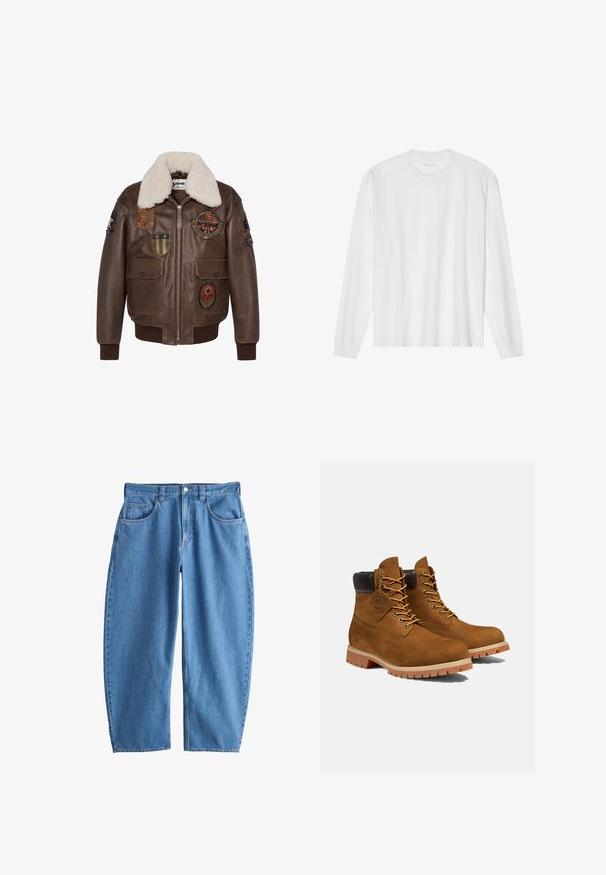 Veste bombardier en cuir marron avec un col en shearling, dotée de plusieurs écussons et de deux poches avant. Poignets et ourlet côtelés.; T-shirt blanc en coton à manches longues avec col rond, doté de poignets côtelés et d'un ourlet droit, texture lisse et design minimaliste.; Jean en denim bleu à coupe droite, cinq poches, passants de ceinture et fermeture devant par bouton et zip.; Bottines en daim marron avec un col rembourré noir, œillets dorés et semelle en caoutchouc épais avec un motif à crampons pour l'adhérence.