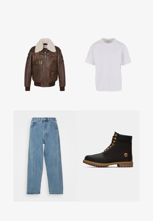 Chaqueta bomber de cuero marrón con cuello de borrego, que presenta múltiples parches y dos bolsillos frontales. Puños y dobladillo acanalados.; Camiseta blanca de manga corta hecha de algodón suave, con un cuello redondo y un corte relajado con dobladillo recto. Sin patrones ni acentos visibles.; Jeans de denim azul claro con cintura alta, corte relajado, que cuentan con dos bolsillos frontales, un bolsillo trasero con parche y cierre de botón.; Bota de cuero negro de tobillo con ojales dorados, acentos marrones y suela de goma. Presenta un cuello acolchado y un logotipo en relieve en el costado.