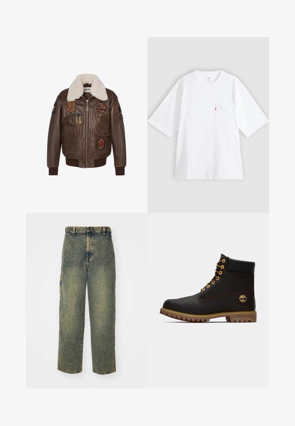 Brun læder bomberjakke med en shearling krave, der har flere patches og to forlommer. Ribbet kant og nederste del.; Hvid bomulds-T-shirt med korte ærmer, rund hals og lomme på venstre bryst. Har en lille rød logoetiket på lommen.; Slidse denim jeans i en falmet blå og grøn vask. Har en knaplukning, bælteløkker og sidelommer. Flad front og lige ben-design.; Sorte læder ankelstøvle med gyldne øjer, brune detaljer og gummisål. Har en polstret krave og præget logo på siden.