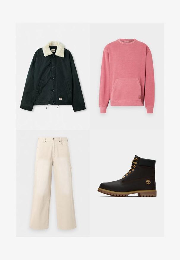 Zwarte jas met een crèmekleurige nepbont kraag, drukknoopsluiting aan de voorkant, zijzakken en een trekkoord onderaan. Etiket aan de linkerbenedenkant.; Roze sweatshirt met een ronde hals, lange mouwen, een zak aan de voorkant en geribbelde boorden en zoom. Voorzien van een klein logo-label.; Beige broek met wijde pijpen, voorzakken, knoopsluiting en riemlussen, afgebeeld tegen een effen witte achtergrond.; Zwarte leren enkellaars met gouden oogjes, bruine accenten en een rubberen zool. Heeft een gevoerde kraag en geperst logo aan de zijkant.