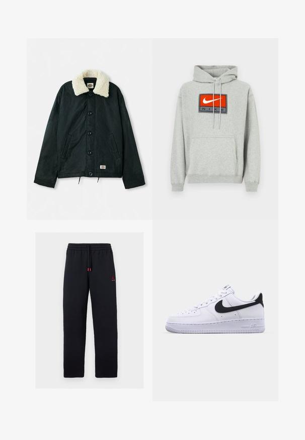 Sort jakke med en krave i cremefarvet faux shearling, frontknapper, sidelommer og snor i kanten. Etiket på nederste venstre side.; Grå hættetrøje med en kengurulomme, der har et fremtrædende broderet rødt og sort Nike-logo på fronten og justerbare snore.; Sorte joggingbukser med elastisk talje og snøre, lille rødt Jumpman-logo med teksten "AIR" på venstre lår.; Hvide lædersneakers med en struktureret sort Swoosh, flade snørebånd og en gummisål med et rillemønster. "AIR" er præget på hælen.