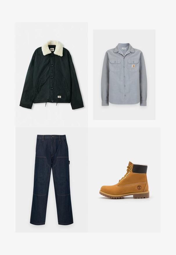 Sort jakke med en krave i cremefarvet faux shearling, frontknapper, sidelommer og snor i kanten. Etiket på nederste venstre side.; Lysegrå langærmet skjorte med knapper og to brystlommer, hvoraf den ene har en lille Carhartt-logo patch på højre side.; Mørkeblå denim arbejdspants med lige ben, forstærkede knælapper, sidelommer, bæltestropper og lukning foran med knap.; Brune læder ankelstøvle med metaløjer, hvid pelsforing, sort polstret krave, robust sål og præget logo på siden.