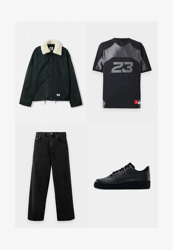 Chaqueta negra con cuello de piel sintética color crema, botones de presión en el frente, bolsillos laterales y dobladillo con cordón. Etiqueta en la parte inferior izquierda.; Camiseta deportiva negra y gris de manga corta con el número 23 en gris en la parte delantera y una pequeña etiqueta con el logo rojo de Jumpman en el dobladillo inferior.; Vaqueros anchos negros de mezclilla, con cierre de botones y bolsillos frontales. Sutil logo de la marca en la cintura. Textura mate.; Zapatilla Nike Air Force 1 negra con parte superior de cuero liso, puntera perforada para transpirabilidad, cordones negros y suela de goma texturizada.