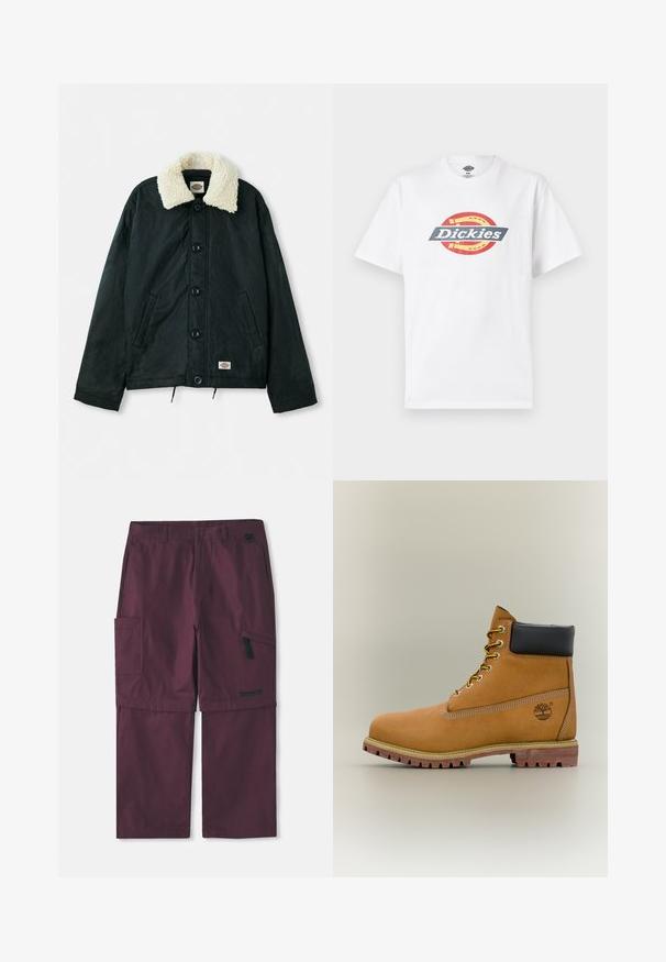 Sort jakke med en krave i cremefarvet faux shearling, frontknapper, sidelommer og snor i kanten. Etiket på nederste venstre side.; Hvid bomuld T-shirt med en flerfarvet cirkulær logo med "Dickies" i fed skrift. Kortærmet, rund hals og glat tekstur.; Bordeaux cargo konvertible bukser med sidelomme med lynlås og Timberland-logo på højre ben, forlænget skridtlængde vist.; Brun læderankelstøvle med sort krave, gule snørebånd og tanfarvet sål. Har logo og hvide syninger som detalje. Robust ydersål med greb.