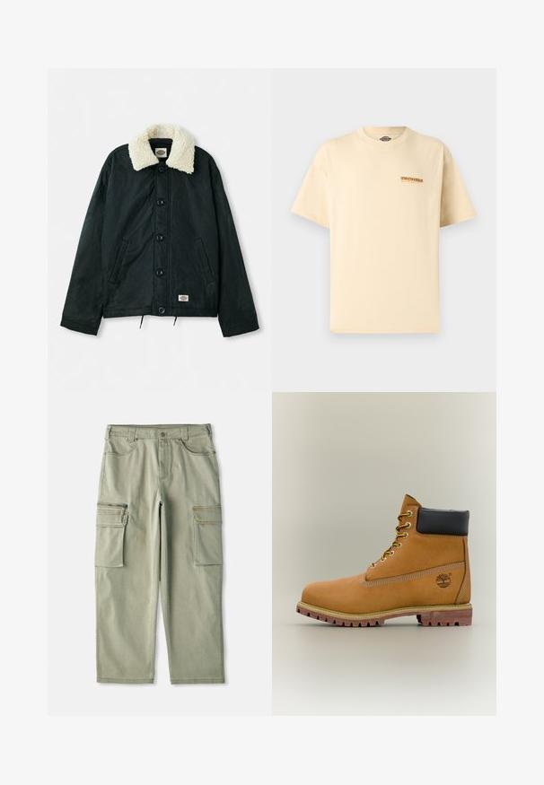 Schwarze Jacke mit einem krämfarbenen Kunstfellkragen, Frontdruckknöpfen, seitlichen Taschen und einem Kordelzug am Saum. Etikett auf der unteren linken Seite.; Beige Dickies T-Shirt mit kurzen Ärmeln, kleinem orange-schwarzem Logo auf der linken Brust, Rundhalsausschnitt, schlichtes Design.; Khakifarbene Cargo-Hosen mit lockerer Passform, aus Baumwolle gefertigt, mit zwei seitlichen Cargo-Taschen und einer Reißverschlusstasche am linken Bein.; Brauner Leder-Stiefelette mit schwarzem Kragen, gelben Schnürsenkeln und hellbrauner Sohle. Verfügt über ein Logo und weiße Ziernähe. Robuste Profilsohle.