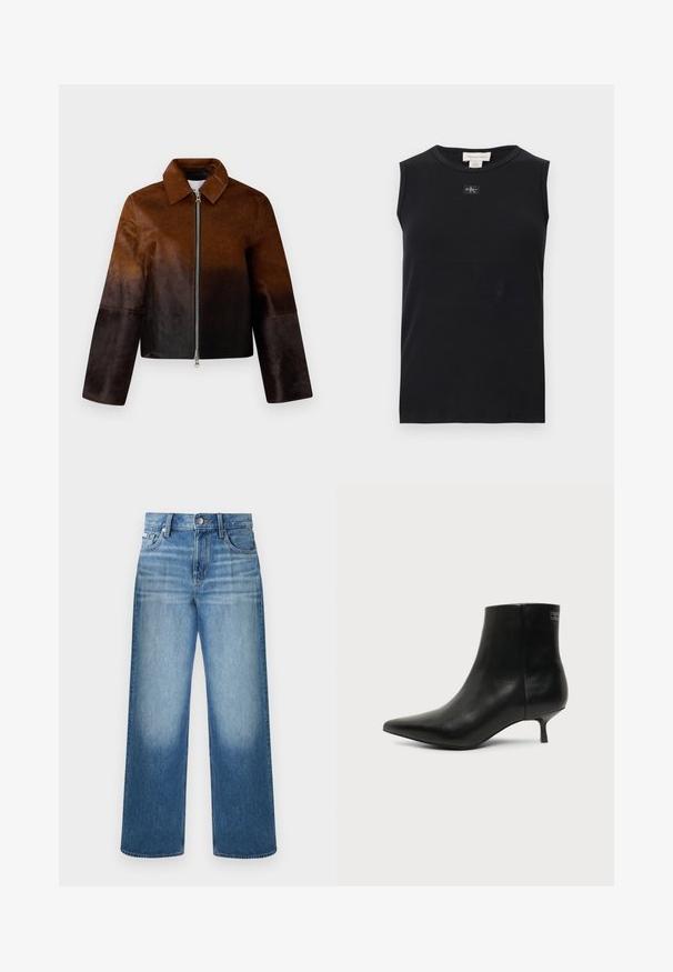 Chaqueta de cuero marrón con un degradado de claro a oscuro, cierre de cremallera, cuello en punta y diseño cropped con mangas anchas.; Camiseta de tirantes negra con costillas, escote redondo y pequeño parche con el logo de Calvin Klein centrado debajo del cuello.; Vaqueros azules de pierna recta con cierre de botón y cremallera, diseño de cinco bolsillos y lavado desgastado en muslos y rodillas.; Botín de piel negra con puntera puntiaguda y tacón bajo estilo kitten sobre fondo claro, mostrando vista lateral exterior.