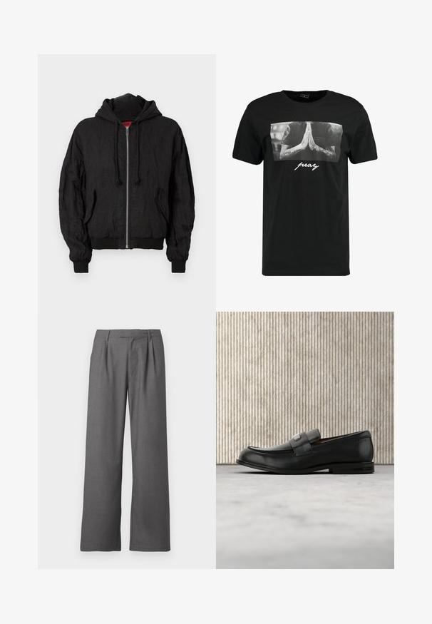 Zwarte bomberjack van lichtgewicht stof, met een capuchon, sluiting met rits aan de voorkant, ribgebreide manchetten en een relaxte pasvorm. Inclusief twee zijzakken.; Zwarte katoenen t-shirt met een grote monochrome graphic van handen in gebedshouding, met "pray" in witte letters onder het beeld gedrukt.; Grijze wijde broek gemaakt van een soepele stof, met een geplooid voorpand, zijzakken en een op maat gemaakte tailleband met riemlussen.; Zwarte leren loafer met een metalen merktekenplaatje, rustend bij een bruine ronde tafel op een beige tapijtvloer.