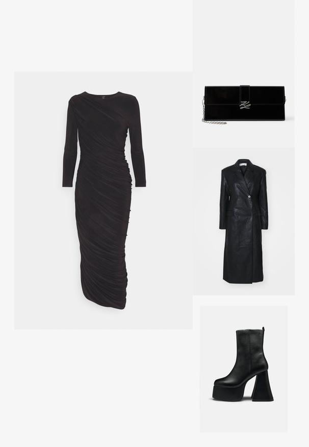 Black leather coat with double-breasted design, notched lapels, front pockets, and a smooth texture. Full-length with a straight silhouette.; Norma Kamali DIANA GOWN - Jersey dress - black; Black leather ankle boot with thick platform sole and wide flared high heel, smooth texture, and small logo near top edge.; Glossy black rectangular clutch with silver chain strap and silver intertwined initials clasp on front flap.