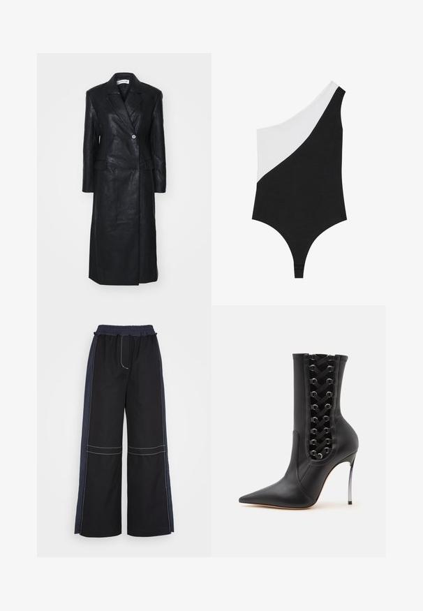 Black leather coat with double-breasted design, notched lapels, front pockets, and a smooth texture. Full-length with a straight silhouette.; One-shoulder swimsuit featuring a color-block design with black on one side and white on the other. Made from smooth fabric with a cheeky cut.; 3.1 Phillip Lim COMBO UTILITY PANT - Trousers - black eclipse; Black leather high-heeled ankle boot with pointed toe and decorative crisscross lacing along the side panel.