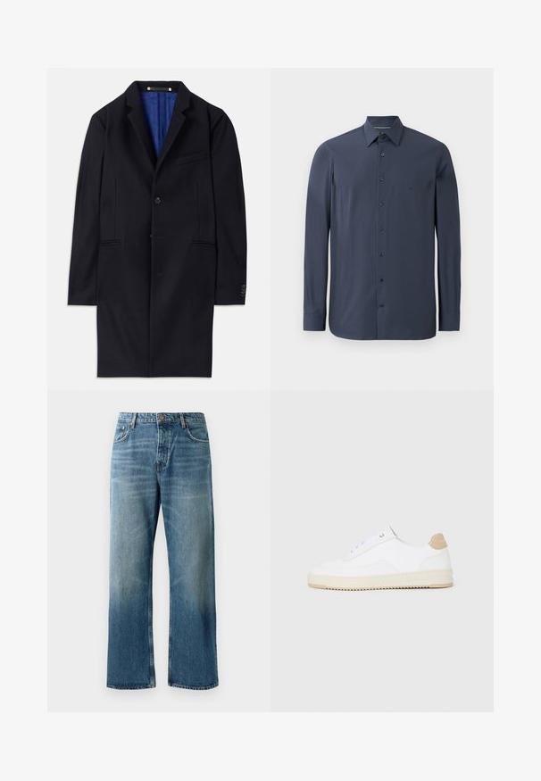 Marineblauwe wol overjas met een enkele knoopsluiting, ingeknipte revers en twee zijzakken. Voorzien van een blauwe binnenvoering en minimale stikdetails.; Langsleeve marineblauwe shirt van een gladde stof, met een button-down kraag en zwarte knopen aan de voorkant. Subtiele textuurdetails zichtbaar.; Lichtblauwe wijde jeans met een vervaagde wassing, voorzien van een enkele knoopsluiting, vijf zakken en contrasterende stiksels.; Witte lage sneakers van textuurleer met een romige, ribbelige zool en een tankleurige hakaccent. Voorzien van witte veters en logodetail op de hak.