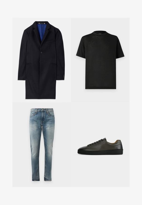 Marineblauwe wol overjas met een enkele knoopsluiting, ingeknipte revers en twee zijzakken. Voorzien van een blauwe binnenvoering en minimale stikdetails.; Zwart T-shirt met korte mouwen en een hoge hals, met een gladde textuur en subtiele glans, gemaakt van lichtgewicht stof. Geen zichtbare logo's.; Slim-fit blauwe denim jeans met een vervaagde wasbeurt, vijf-pocket stijl, knoopsluiting en subtiele slijtage op de heupen en knieën.; Donkergrijze leren lage sneaker met zwarte veters en zool, minimalistisch ontwerp, zijaanzicht op een effen lichte achtergrond.