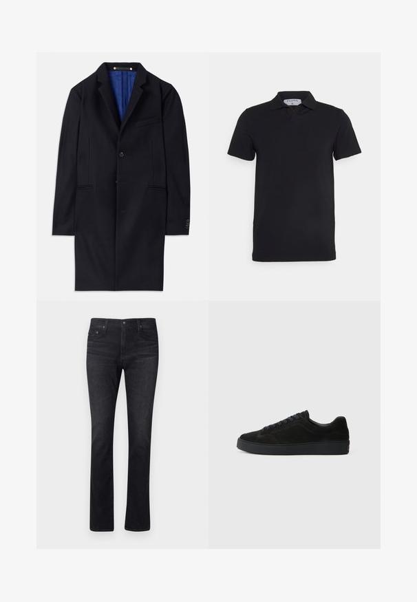 Marineblauwe wol overjas met een enkele knoopsluiting, ingeknipte revers en twee zijzakken. Voorzien van een blauwe binnenvoering en minimale stikdetails.; Zwart polosjaal met korte mouwen en een klassieke kraag, gemaakt van gladde stof. Heeft een label met de merknaam 'Filippa K' op de hals.; Donkerdenim jeans met een recht model, met een klassieke vijf-pocket ontwerp en subtiele stiksels. De stof heeft een gladde textuur.; Zwarte suède sneakers met een platte, gestructureerde zool, een ronde neus, zes oogjes voor veters en een minimalistisch ontwerp.