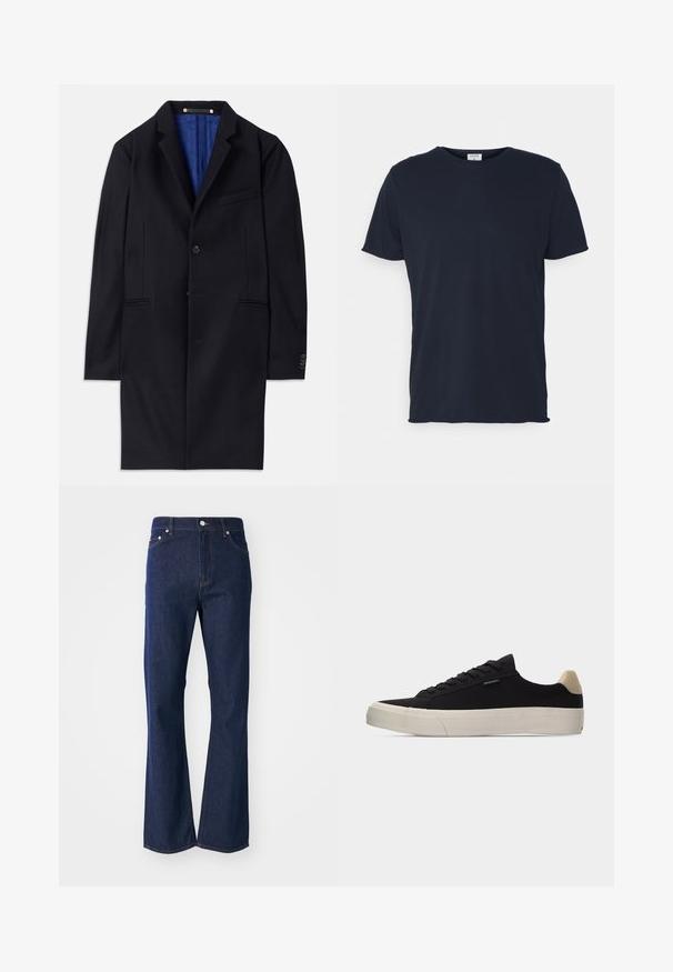 Marineblauwe wol overjas met een enkele knoopsluiting, ingeknipte revers en twee zijzakken. Voorzien van een blauwe binnenvoering en minimale stikdetails.; Navyblauwe katoenen t-shirt met ronde hals en korte mouwen, met een gladde textuur en eenvoudig ontwerp, zonder zichtbare patronen of accenten.; Flared donkerblauwe jeans gemaakt van denim. Beschikt over vijf zakken, een ritssluiting aan de voorkant en een metalen knoopsluiting. Klassieke stikselaccenten.; Zwarte lage sneaker met beige hielstuk, dikke witte rubberen zool, zwarte veters en een klein "PS Paul Smith" label aan de zijkant.