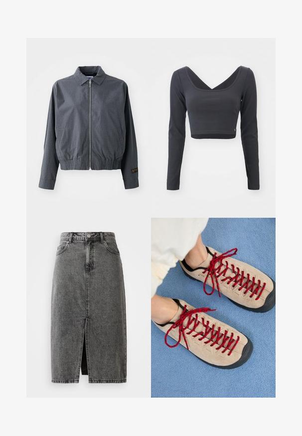 Grå ternet bomberjakke, letvægtsstof, lynlåsclosure, krave, elastisk kant, sidelommer og kontrasterende logo-detalje på ærmet.; Langærmet, cropped top i mørkegrå ribbet stof. Har en dyb V-halsudskæring og ensfarvet med et lille logo ved sømmen.; Højtaljet, falmet sort denim midi-nederdel med en frontslids, bæltesløjfer og klassisk fem-lomme design.; Beige sko med røde snørebånd, placeret på en blå tekstureret overflade, delvist synliggørende en persons ankel. Skoene har et sporty design.