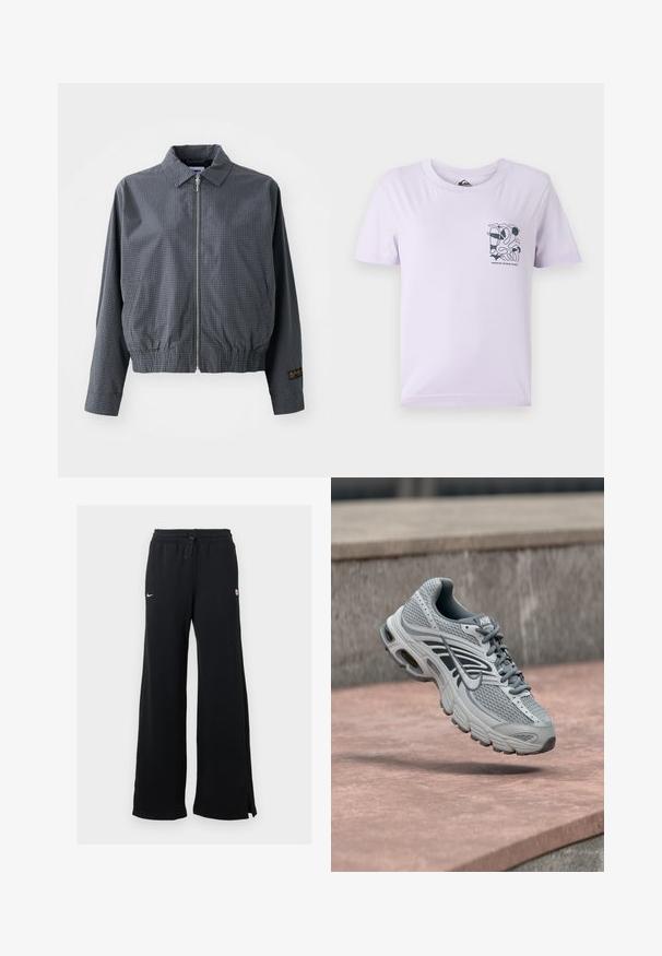 Grå ternet bomberjakke, letvægtsstof, lynlåsclosure, krave, elastisk kant, sidelommer og kontrasterende logo-detalje på ærmet.; Lyse lilla kortærmet t-shirt lavet af bomuld, med et sort abstrakt design og tekst på venstre brystområde.; Sorte joggingbukser med bredt ben, elastisk talje, snøre og logodetalje. Stoffets tekstur virker blød og behagelig.; Lys grå og hvid Nike løbesko med mesh-design, svævende over en stenet overflade udendørs.