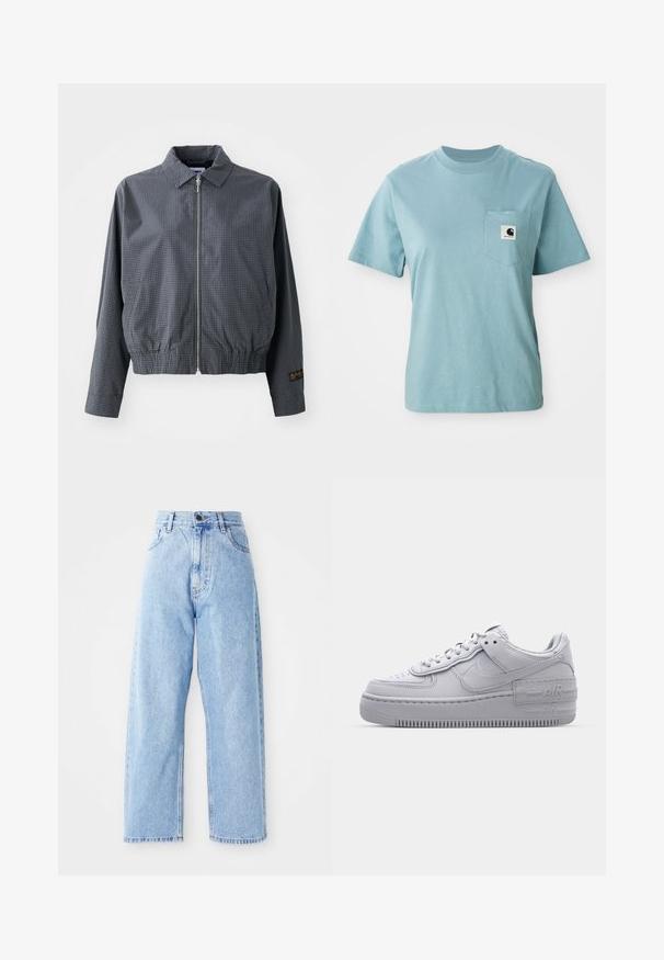 Sivá károvaná bomber bunda, ľahký materiál, zips, golier, elastický lem, bočné vrecká a kontrastný detail loga na rukáve.; Svetlomodré tričko s krátkym rukávom z bavlny s náprsné vreckom, ktoré obsahuje malú čierno-bielu nášivku loga Carhartt.; Džínsy s vysokým pásom svetlo modrej farby, rovné široké nohavice, predný gombík, zips a predné aj zadné vrecká.; Šedé tenisky Nike Air Force 1 s perforovanou špičkou, hladkým koženým zvrškom, hrubou podrážkou a embosovaným detailom 'AIR' na päte.