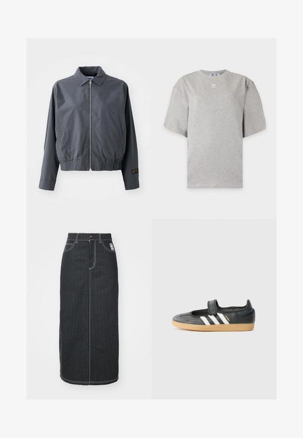 Sivá károvaná bomber bunda, ľahký materiál, zips, golier, elastický lem, bočné vrecká a kontrastný detail loga na rukáve.; Svetlosivé tričko Adidas s krátkym rukávom, okrúhlym výstrihom a malým bielym logom Adidas na hrudi, zobrazené na jednoduchom pozadí.; Čierna denim midi sukňa s bielymi vertikálnymi pruhmi. Obsahuje pás na gombík, dve predné vrecká a kontrastné šitie. Priamy strih.; Čierne kožené a zamšové tenisky s Velcro pásikom, s tromi bielymi pruhmi a gumenou podrážkou, označené nápisom "SAMBA" na boku.