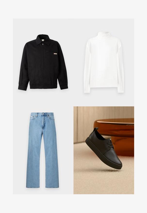 Calvin Klein Jeans JACKET - Leichte Jacke - black; Weißes Langarm-Turtleneck-Oberteil mit glatter Textur, hoher Halslinie und abfallenden Schulternähten für eine lässige Passform.; Hellblaue gerade geschnittene Jeans im Five-Pocket-Design mit Knopfverschluss an der Taille, präsentiert vor einem schlichten Hintergrund.; Schwarzer Freizeit-Sneaker aus Leder mit Schnürsenkeln, schwebt über einem beigen Teppich, im Hintergrund ein bernsteinfarbenes, rundes Glastisch.