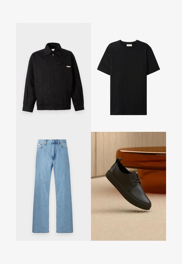 Calvin Klein Jeans JACKET - Leichte Jacke - black; Schwarzes T-Shirt mit kurzen Ärmeln und Rundhalsausschnitt, mit dezentem Calvin Klein Jeans-Logo auf der Brust und einem Etikett im Halsausschnitt.; Hellblaue gerade geschnittene Jeans im Five-Pocket-Design mit Knopfverschluss an der Taille, präsentiert vor einem schlichten Hintergrund.; Schwarzer Freizeit-Sneaker aus Leder mit Schnürsenkeln, schwebt über einem beigen Teppich, im Hintergrund ein bernsteinfarbenes, rundes Glastisch.