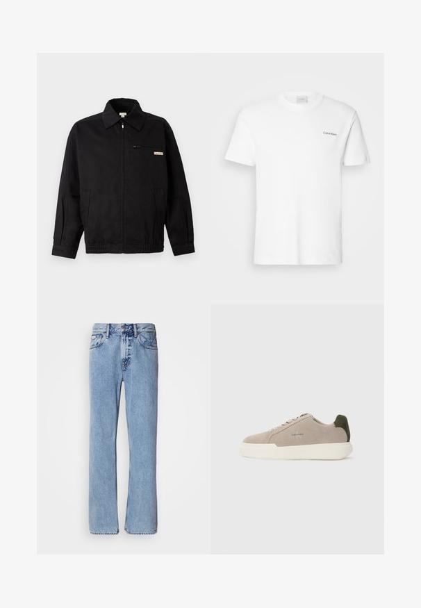 Calvin Klein Jeans JACKET - Leichte Jacke - black; Weißes Baumwoll-T-Shirt mit kurzen Ärmeln und Rundhalsausschnitt. Mit einem kleinen schwarzen "Calvin Klein"-Logo auf der linken Brust.; Hellblaue Jeans aus Denim mit geradem Bein, fünf Taschen und Knopfverschluss. Nähte in der Nähe der Taschen und des Bundes.; Beige Wildledersneaker mit einer weißen Gummisohle, die einen dunkelgrünen Akzent an der Ferse und dezente Markenaufschrift an der Seite aufweisen.